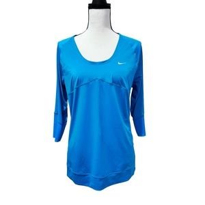 NIKE TEAL BLUE 3/4 sleeve shirt yoga sheer top women’s size LARGE